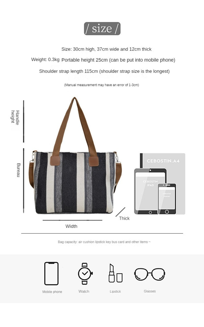 Large Tote Bag for women's Striped Crossbody Canvas Bag 2023 New Trendy Versatile Class Commuting Shoulder Bag