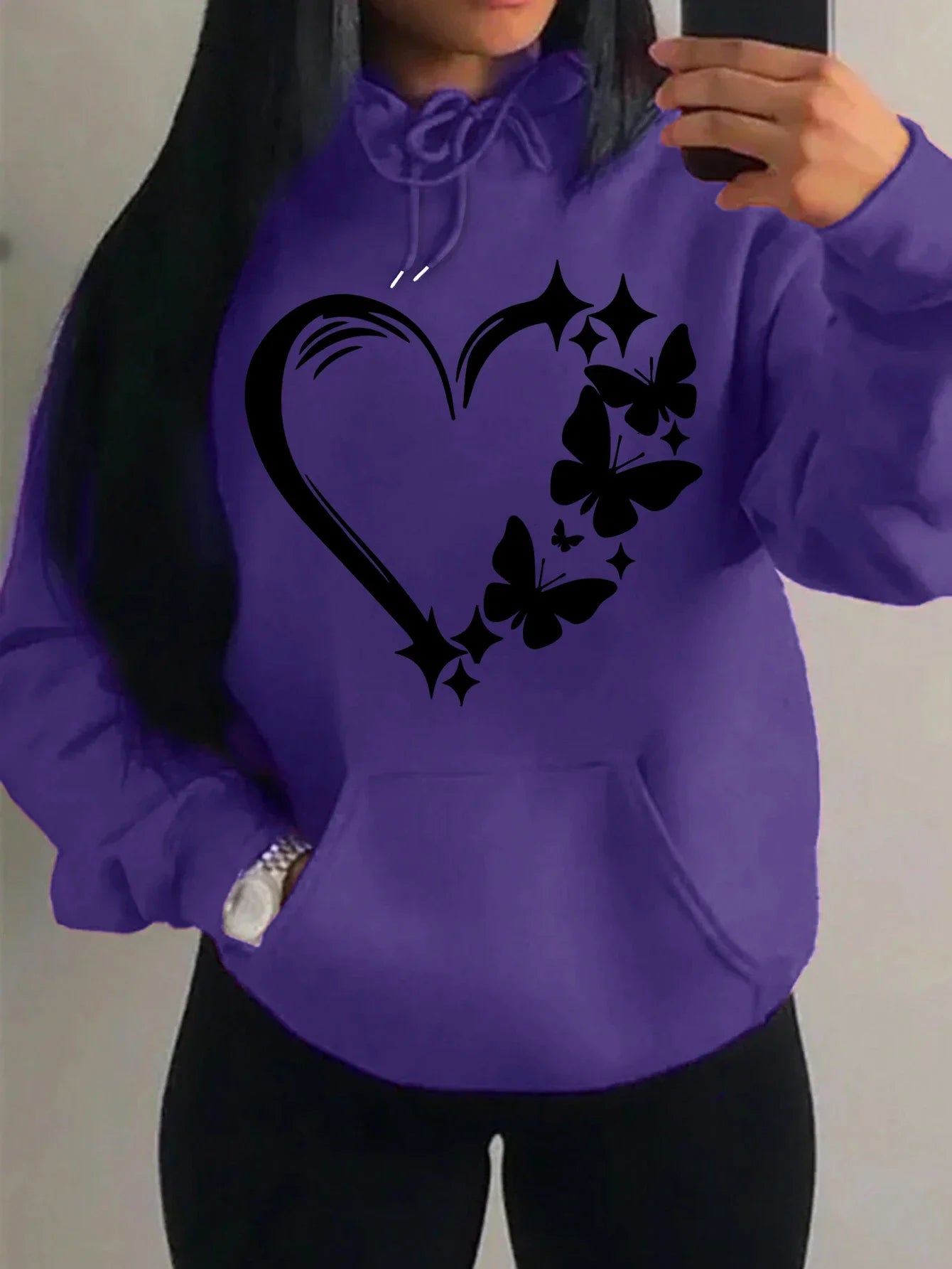 Women's Love and Butterfly Pattern Hoodie Hip Hop Street Fashion Pocket Clothes Retro Multi Color Hoodie