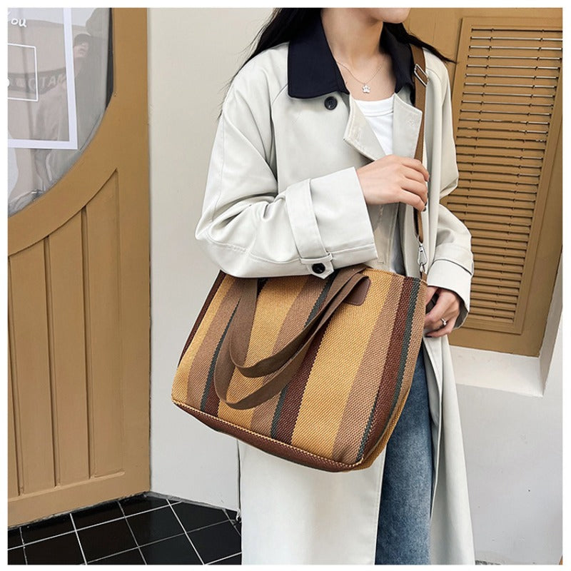 Large Tote Bag for women's Striped Crossbody Canvas Bag 2023 New Trendy Versatile Class Commuting Shoulder Bag