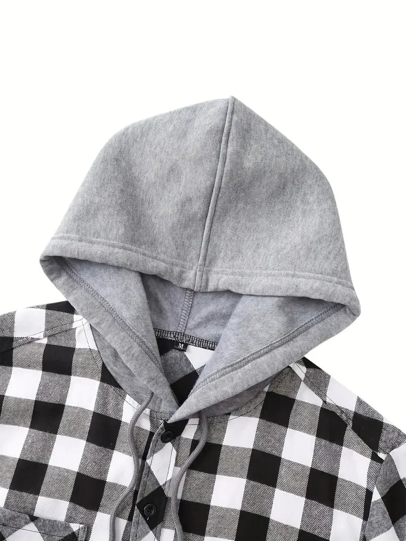 Men's Plaid Flannel Hooded Shirt, Long Sleeve Button Down Hoodie Jacket with Chest Pockets Casual Streetwear Tops