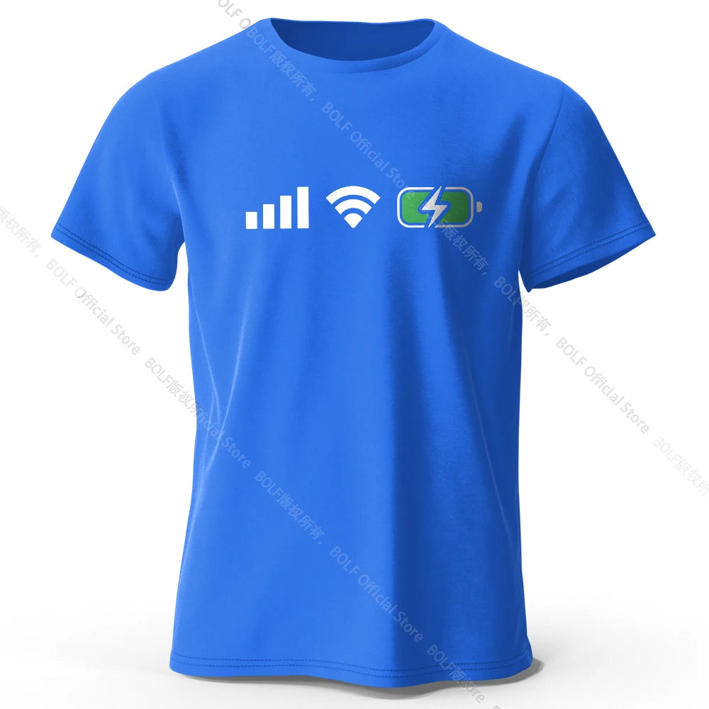 Signal WiFi Battery Printed T-Shirt 100% Cotton Oversized Tech Graphic Tees for Men Women Summer Tops Digital Streetwear