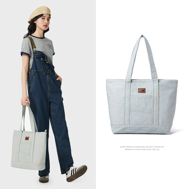 LEE Unisex Utility Canvas Leather Zipper Tote Bag Casual Denim Daily Shopping Handbag Women Man Durable Student School Book Bag