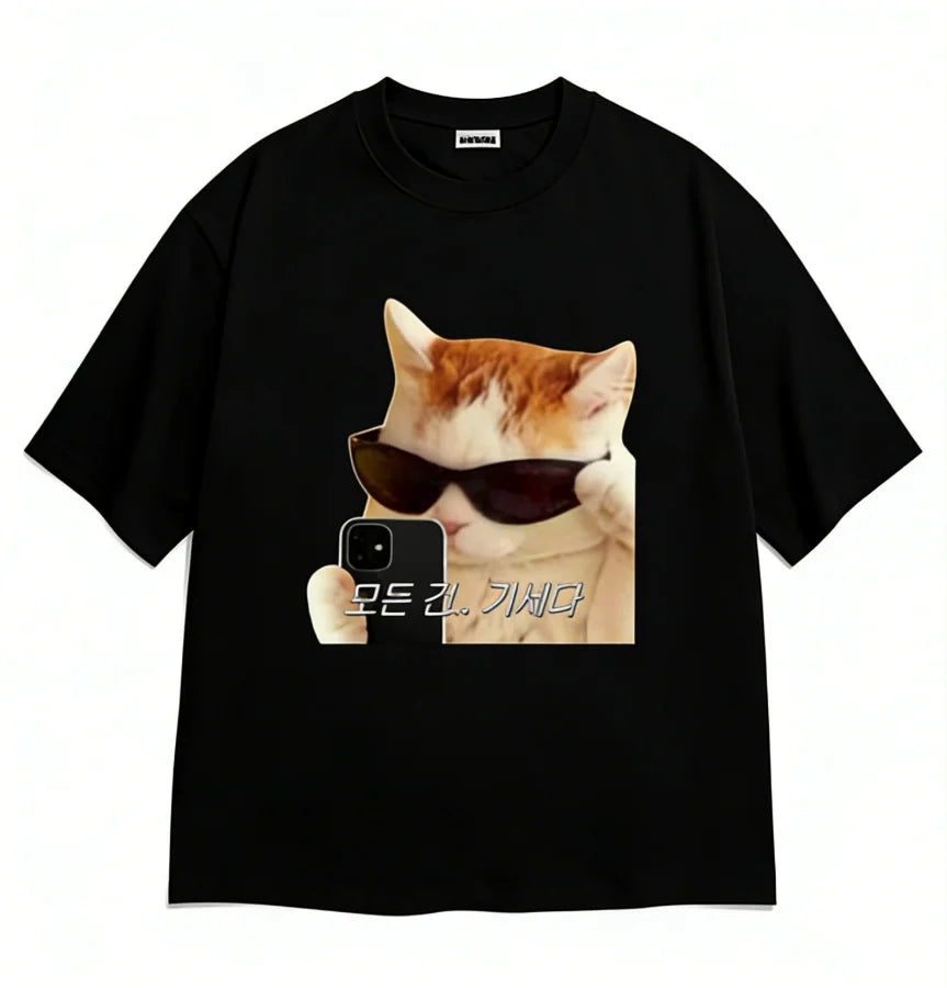 Neutral Style Cool Cat Selfie T Shirt Korean Text Meme Print Short Sleeve O Neck Soft Washable Tops Funny Streetwear