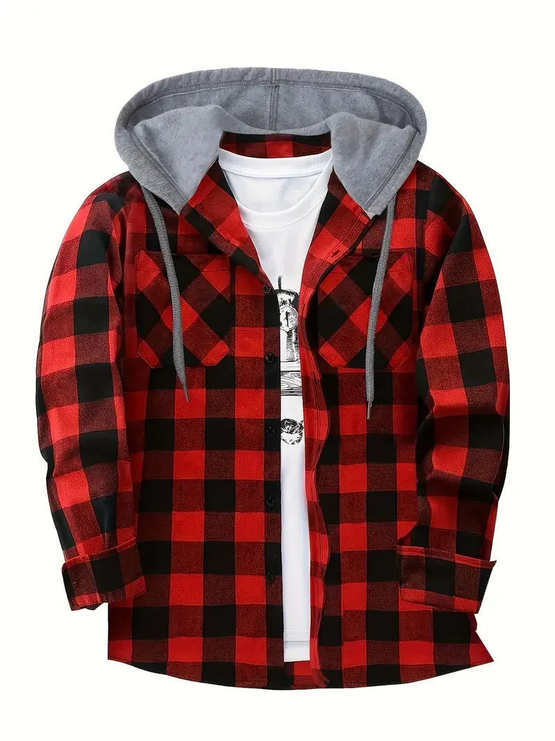 Men's Plaid Flannel Hooded Shirt, Long Sleeve Button Down Hoodie Jacket with Chest Pockets Casual Streetwear Tops