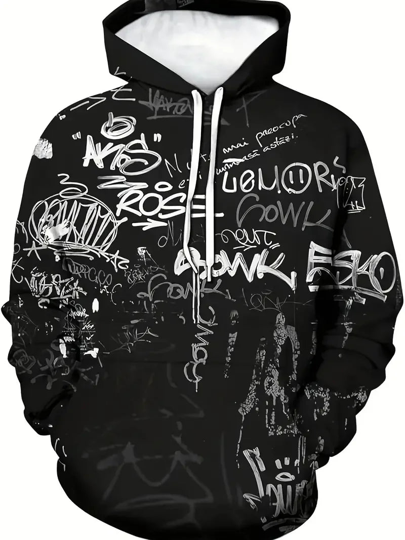 2024 New Men's Painted Graffiti Flow Printed Hoodie Casual Trendy Long Sleeve Sports Top Street Men's Colorful Pattern Hoodie
