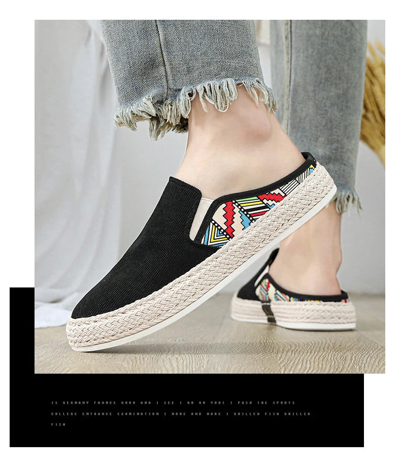 Outdoor Sandals Mens Half Slipper Summer Casual Shoes Canvas Soft Bottom Lightweight Walking Shoe Vulcanized Shoe