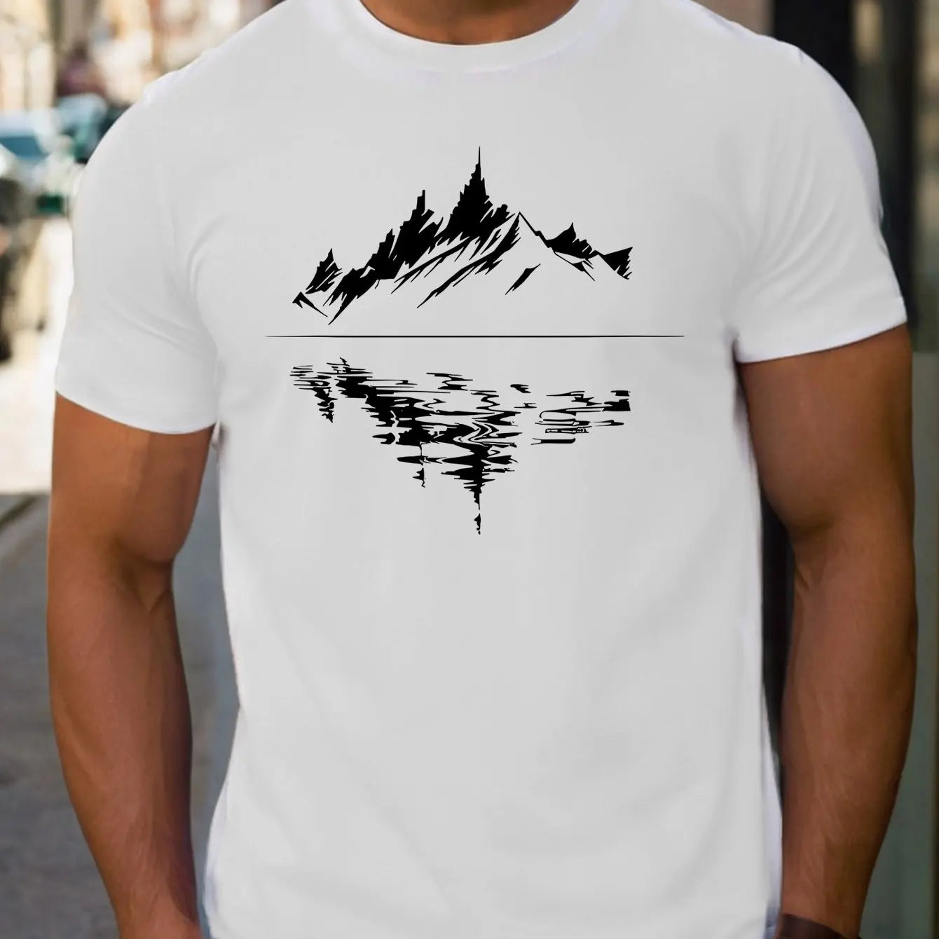 Men's summer 100 pure cotton fashionable casual loose fit plus mountain reflection printed round neck short sleeved T-shirt top