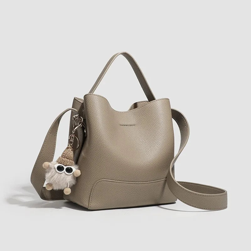 2026 New CEEKAY Khaki Leather Bucket Bag Minimalist Shoulder Bag with Cute Plush Pendant Casual Handbag for Women Bags for Women