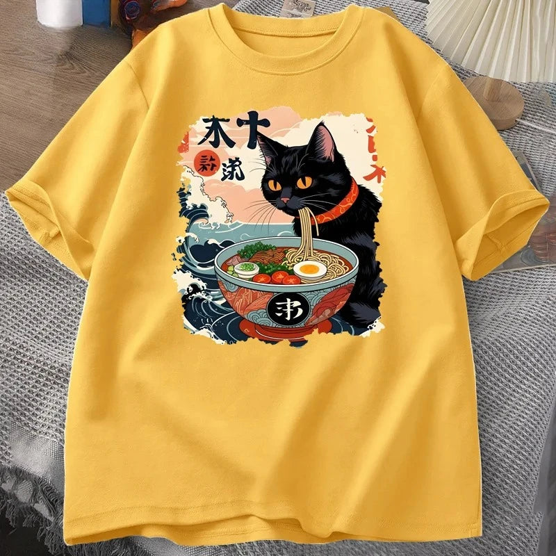 Kawaii Cat Anime Tshirt Ramen Japanese Funny Graphic Tee Kawaii Noodle Cat Tee Shirt Women Short Sleeve T-shirt Harajuku Clothes