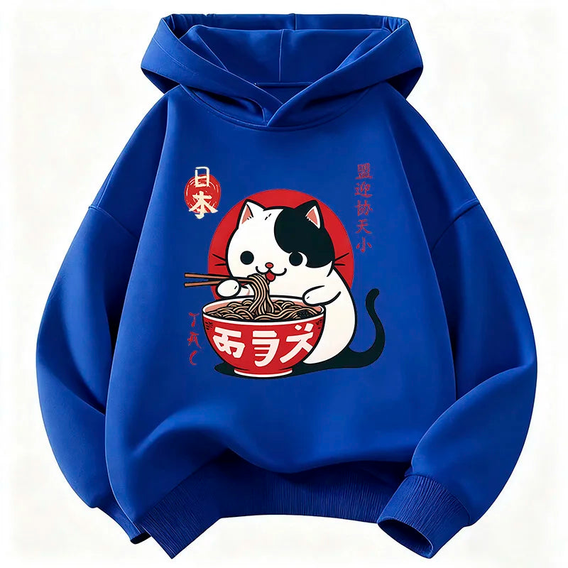 Japanese Style Cat Eat Ramen Hoodie Manga Kids Cat Children's Sweatshirt Cute Hoody for Boys Girls Casual Hoodies Spring
