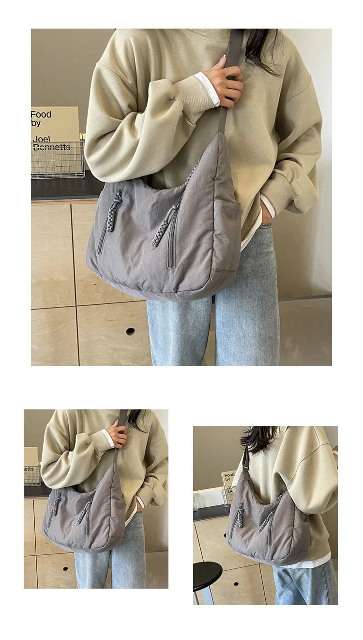 Summer Women Solid Color Shoulder Bag Fashion Lightweight Versatile Travel Crossbody Bag Commuter Nylon Large Capacity Hobo Bag