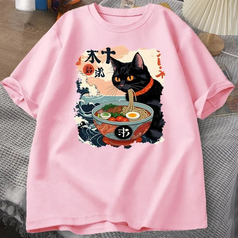 Kawaii Cat Anime Tshirt Ramen Japanese Funny Graphic Tee Kawaii Noodle Cat Tee Shirt Women Short Sleeve T-shirt Harajuku Clothes