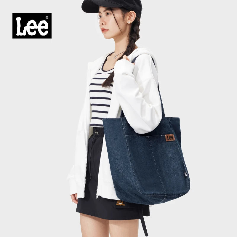 LEE Denim Blue Women Causal Large Capacity Tote Bag Jeans Beige Ladies Work Shoulder School Student Laptop Book Bag