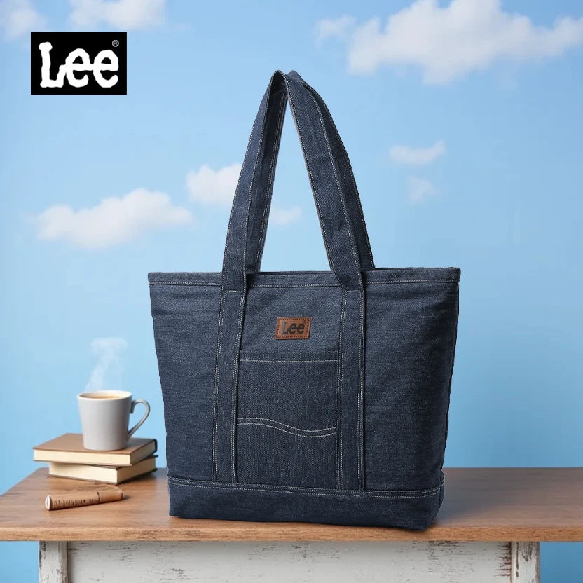 LEE Unisex Utility Canvas Leather Zipper Tote Bag Casual Denim Daily Shopping Handbag Women Man Durable Student School Book Bag