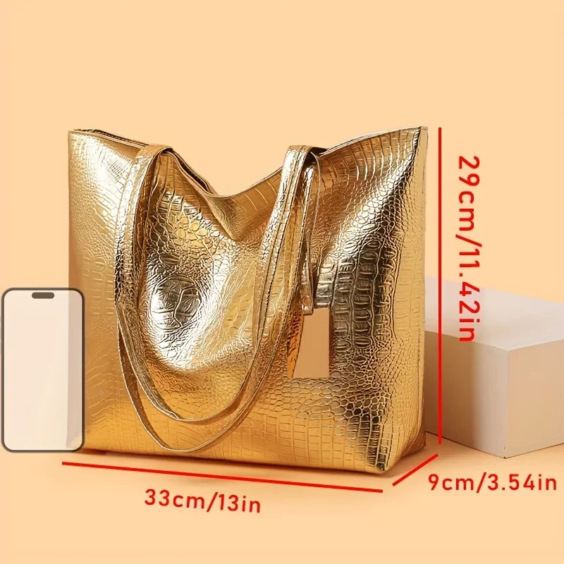 Vintage Women's Tote Bag, Large Capacity Handbag Shoulder Bag with Zipper Closure, Metallic Finish Handbags for Work, Parties