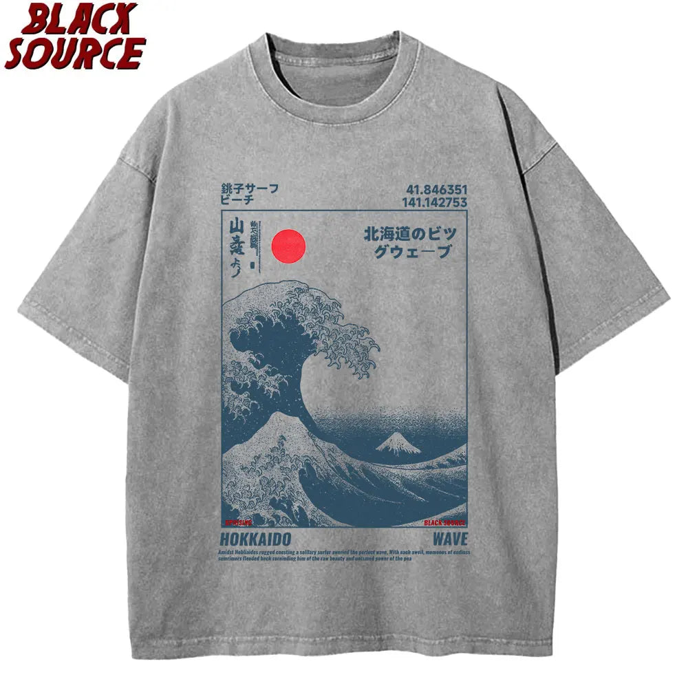 T416 Japanese Style Hokkaido Wave Vintage T-shirt Men Women Harajuku Fashion High Quality T Shirts Oversized Cotton Summer Tee