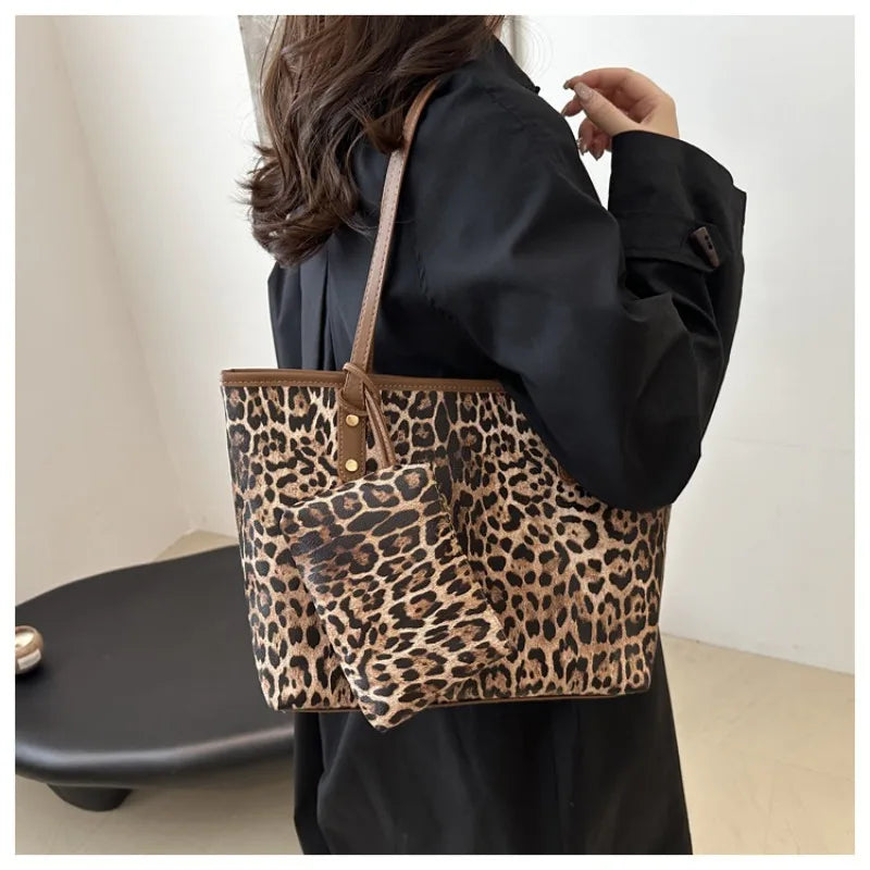 Women's Leopard Print Tote bag Pu Leather Underarm Bags Simple Casual Travel Shopping Bag Large Capacity Mother and Child Packag