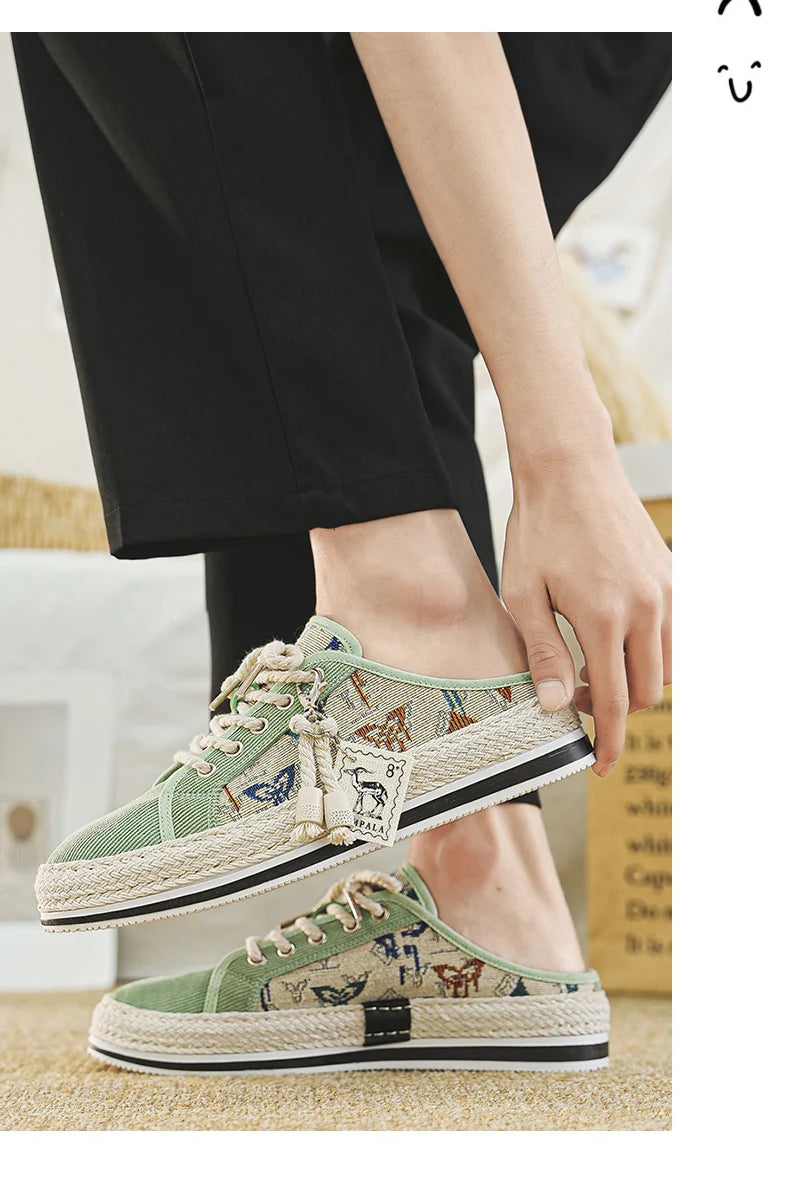 Outdoor Sandals Mens Half Slipper Summer Casual Shoes Canvas Soft Bottom Lightweight Walking Shoe Vulcanized Shoe