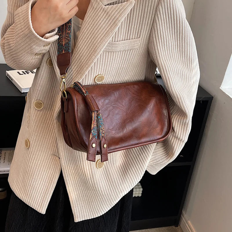 Graphic Pattern Zipper Crossbody Bag, Stylish Leather Shoulder Bag with Wide Strap Large Capacity Daily Purse Designer Hobos Bag
