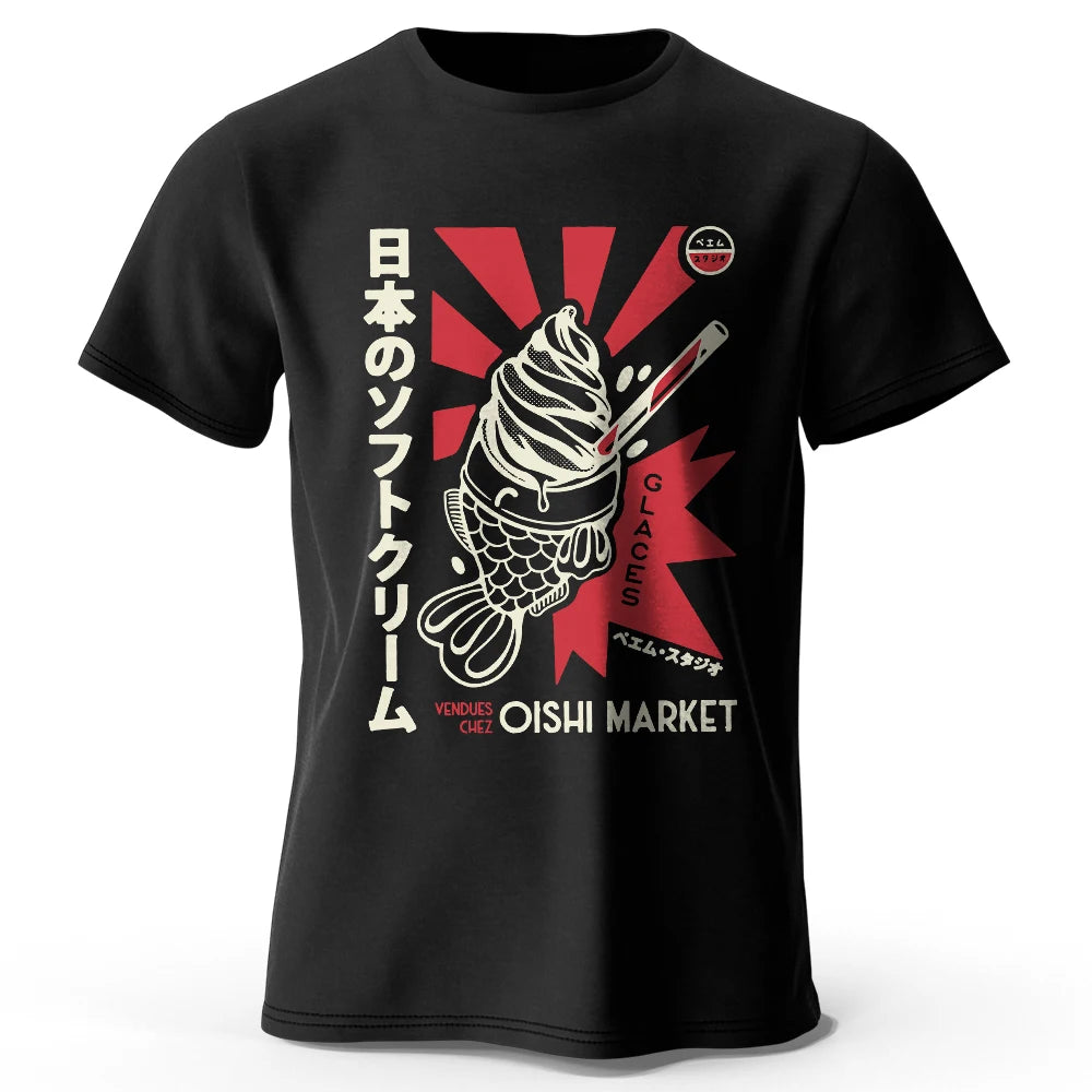 Japanese Foodie Print 100% Cotton T-Shirt, Soft & Breathable Round Neck Short Sleeve Tee, Unisex Cute & Cultural Style