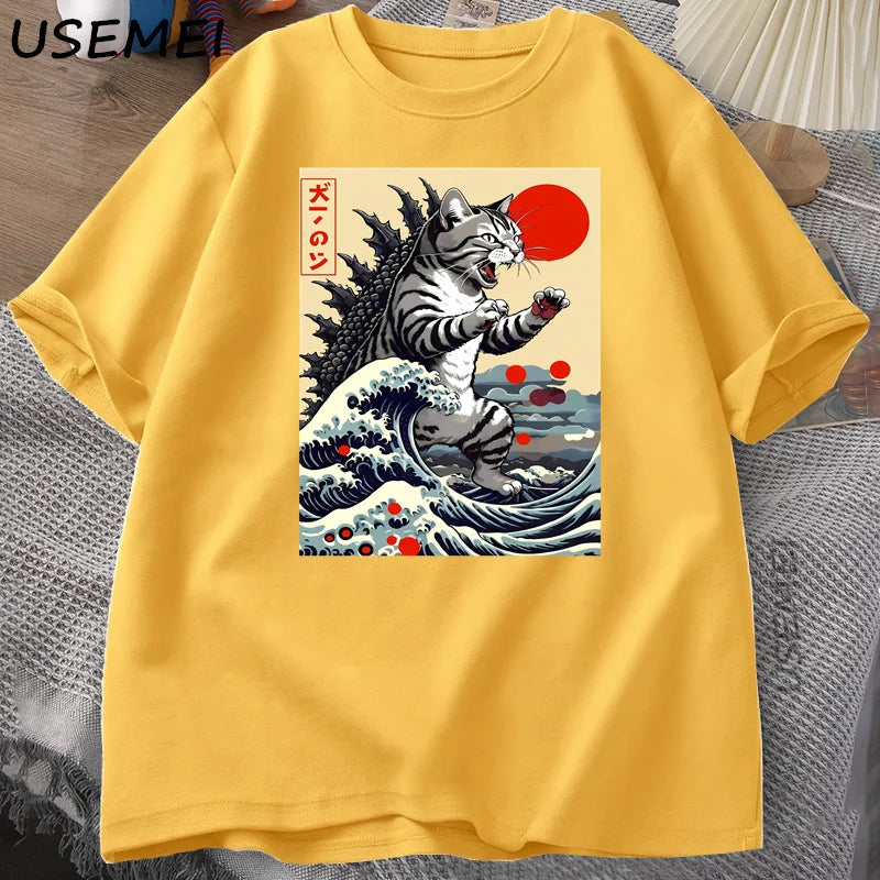 Catzilla Cat Japanese Funny T-shirt for Men Women Vintage Cartoon Print Casual Comfortable Round Neck Short Sleeved T-shirt Top