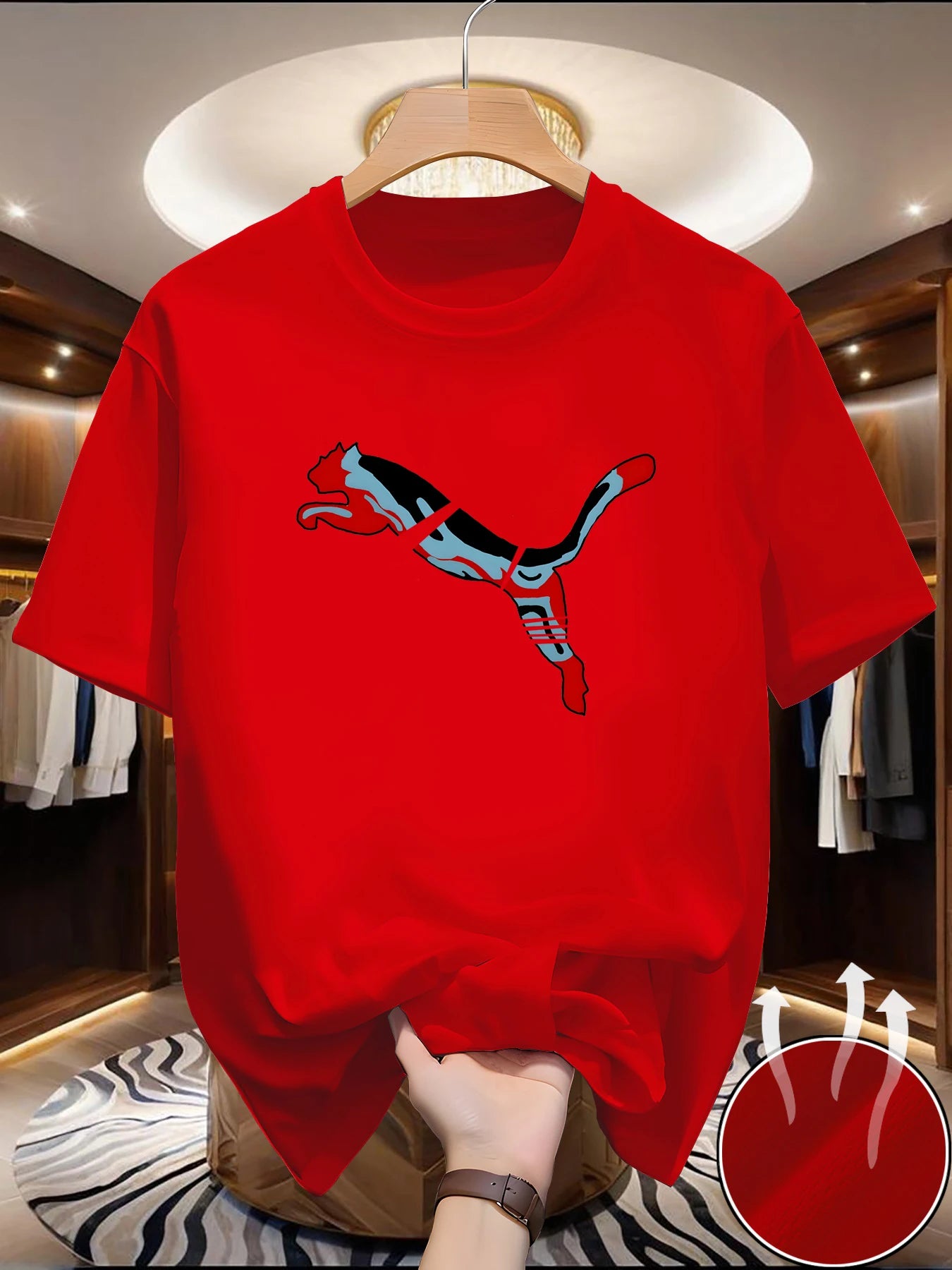 Men's summer quick drying mesh T-shirt with animal world pattern printed round neck short sleeved casual top