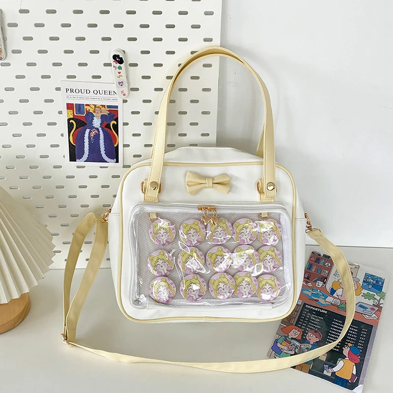Japanese Style Kawaii PU Leather Itabag Women Transparent Pocket Bowknot Lolita Shoulder Bag Tote Handbags Women Ita Bag JK Girl