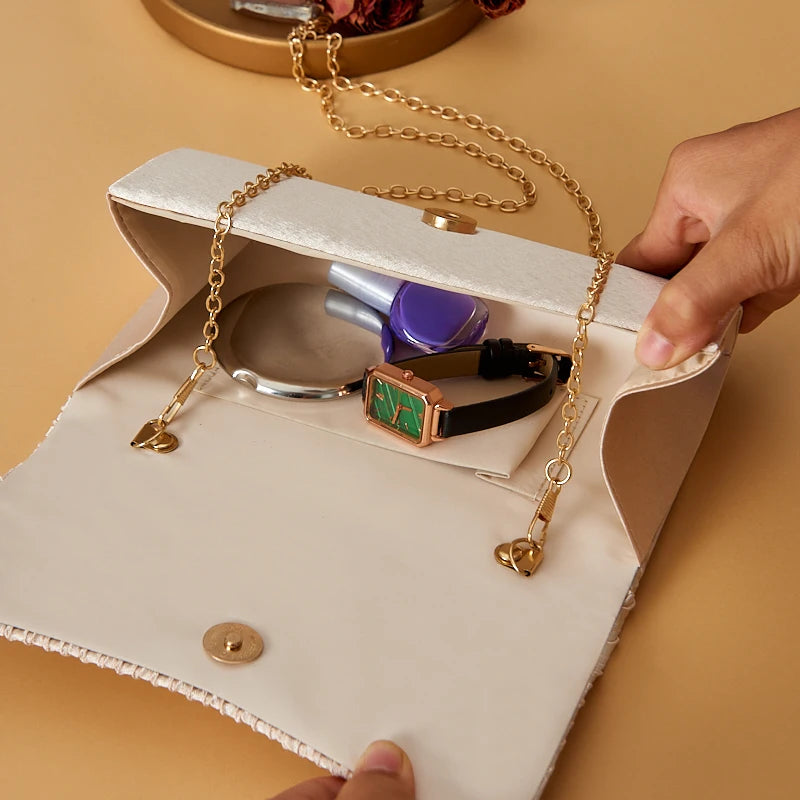 New satin dinner bag High-end banquet clutch bag dress Fashion clutch bag Small square bag Metal chain shoulder bag Wedding part