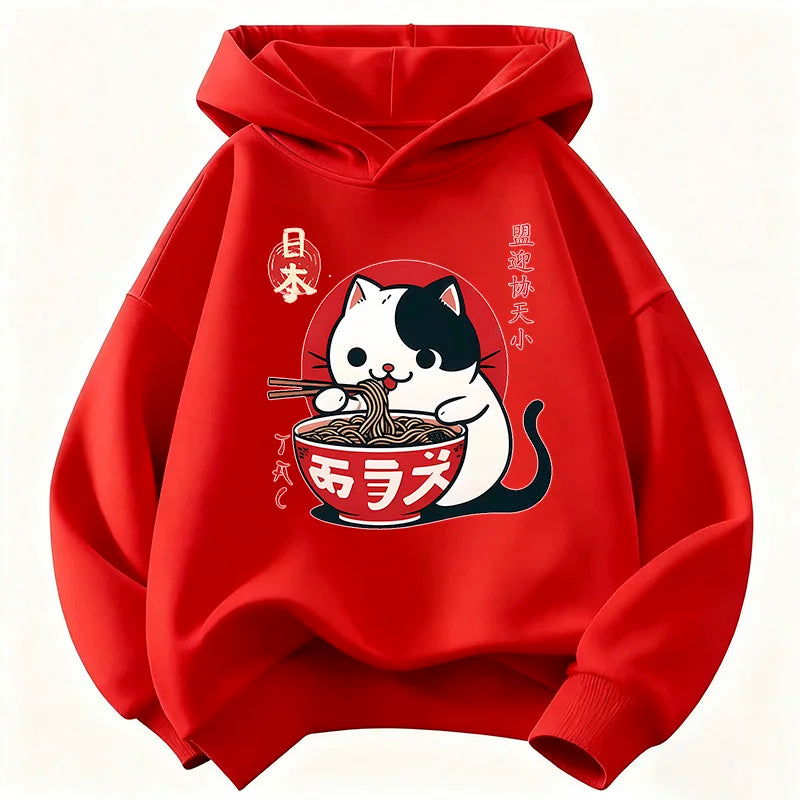 Japanese Style Cat Eat Ramen Hoodie Manga Kids Cat Children's Sweatshirt Cute Hoody for Boys Girls Casual Hoodies Spring