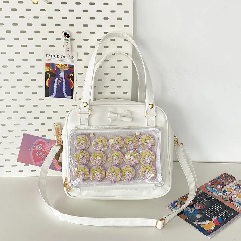 Japanese Style Kawaii PU Leather Itabag Women Transparent Pocket Bowknot Lolita Shoulder Bag Tote Handbags Women Ita Bag JK Girl
