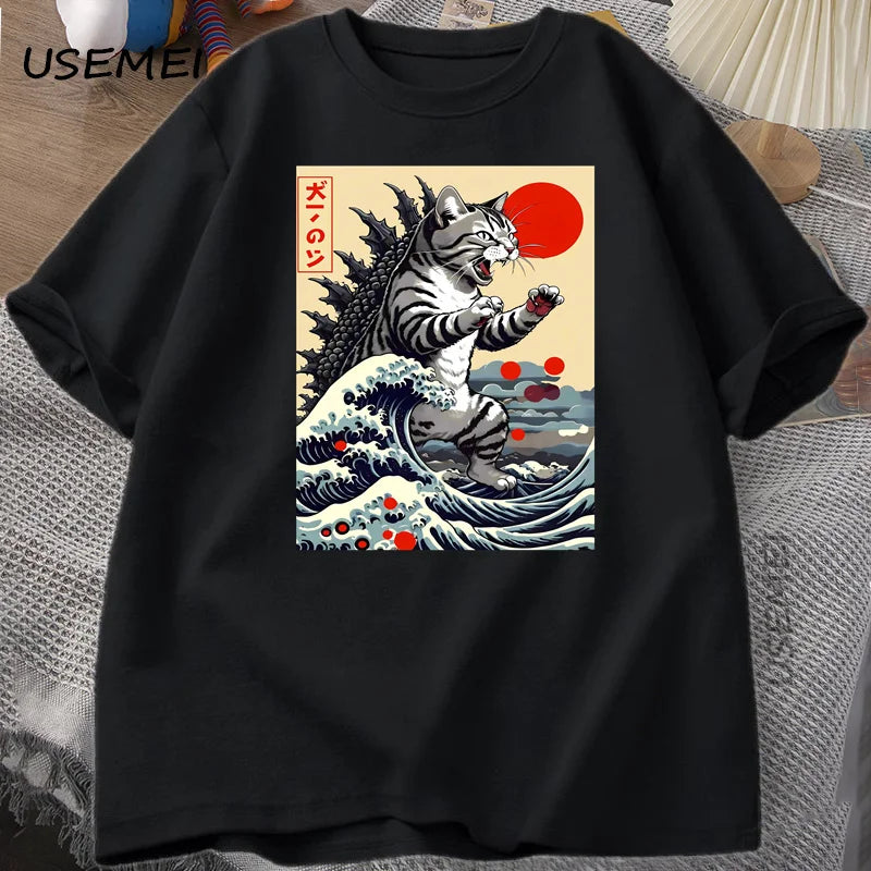 Catzilla Cat Japanese Funny T-shirt for Men Women Vintage Cartoon Print Casual Comfortable Round Neck Short Sleeved T-shirt Top