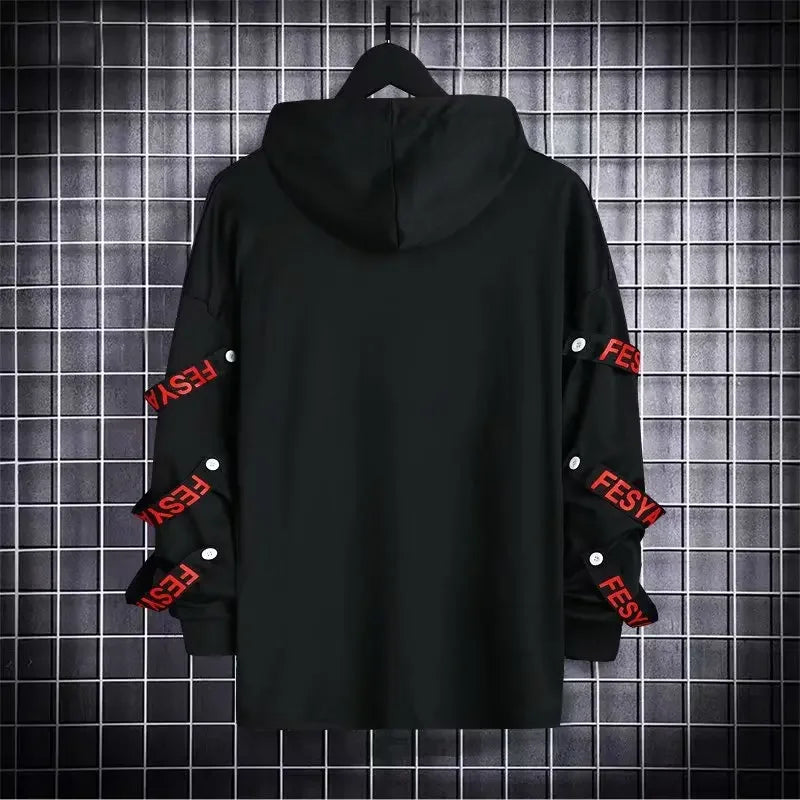 Autumn  Men's Casual Hoodie Sweatshirt Techwear Hip Hop Harajuku Style with Ribbons Patchwork Japanese Streetwear Darkwear