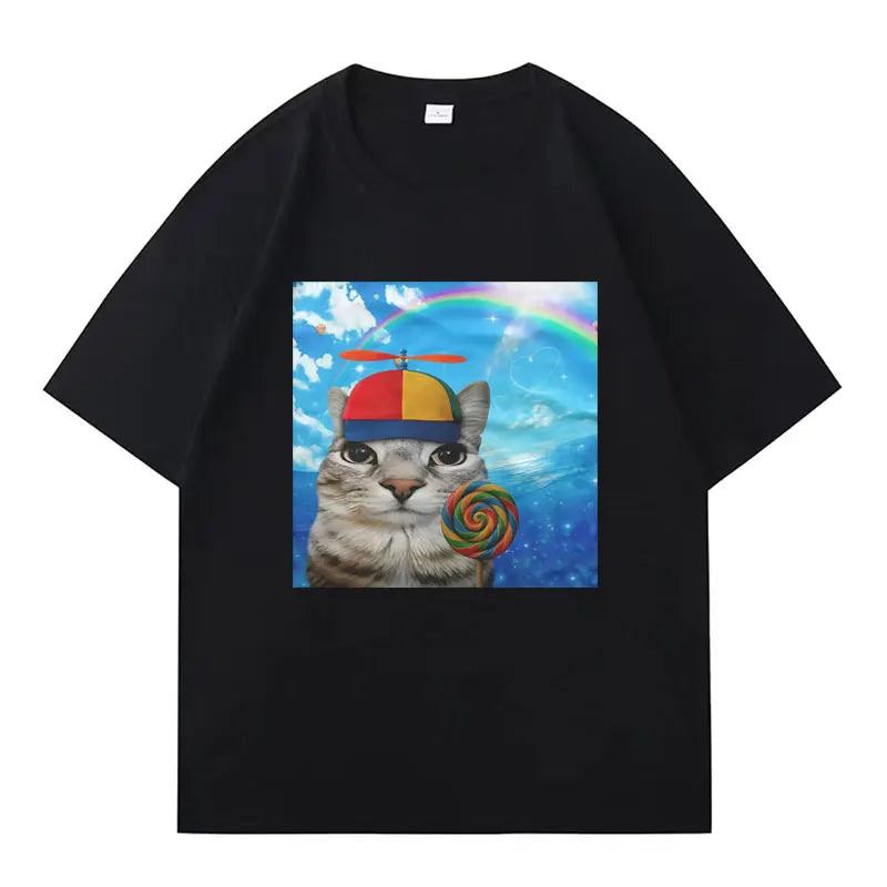 Greetings Huzz T-shirt Silly Cat Meme Printed Summer Hip Hop Women Crewneck Shortsleeve Casual Y2k  Tshirt Clothing