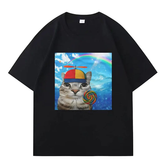 Greetings Huzz T-shirt Silly Cat Meme Printed Summer Hip Hop Women Crewneck Shortsleeve Casual Y2k  Tshirt Clothing