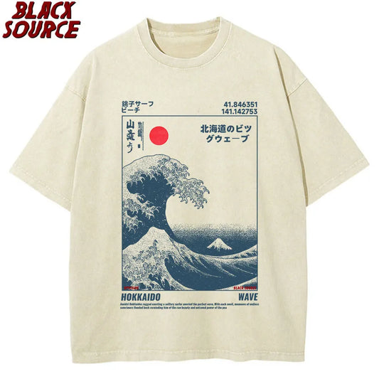 T416 Japanese Style Hokkaido Wave Vintage T-shirt Men Women Harajuku Fashion High Quality T Shirts Oversized Cotton Summer Tee