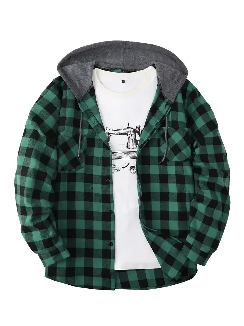 Men's Plaid Flannel Hooded Shirt, Long Sleeve Button Down Hoodie Jacket with Chest Pockets Casual Streetwear Tops