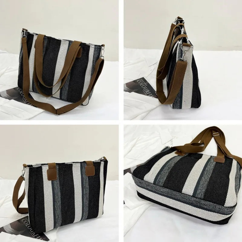 Large Tote Bag for women's Striped Crossbody Canvas Bag 2023 New Trendy Versatile Class Commuting Shoulder Bag