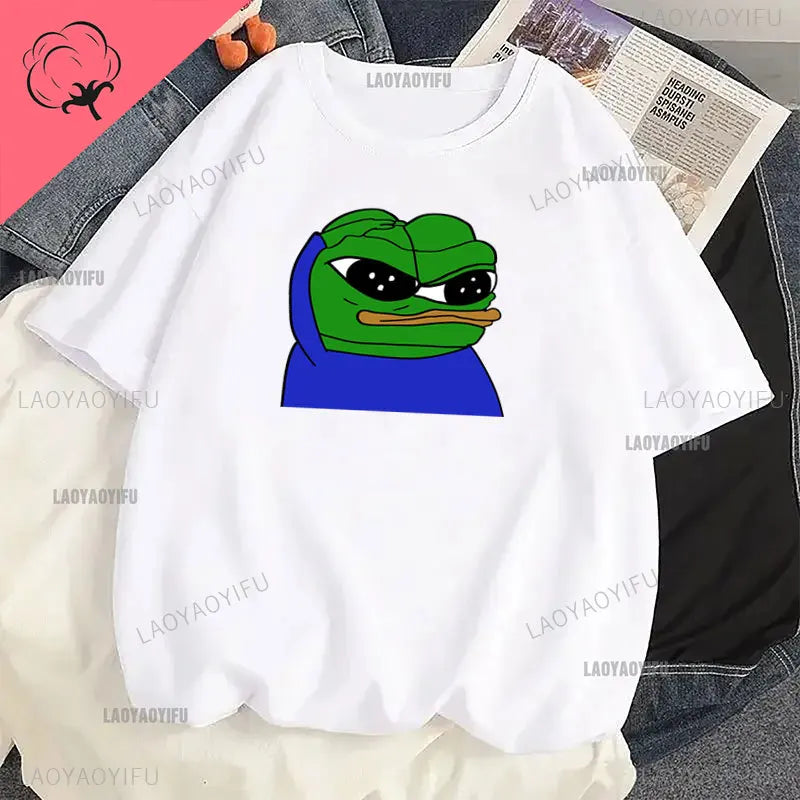 Funny Cartoon Pepe Frog Graphic Cotton Girl T Shirt Unisex Harajuku Short Sleeve Men Funny Frog Animal Y2k Gift Idea Casual Tops