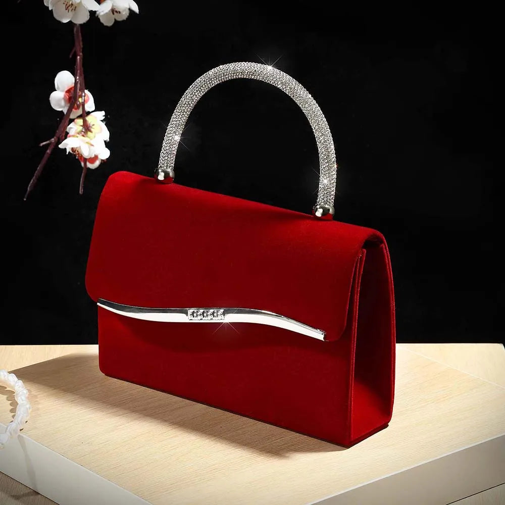 New wine red velvet diamond-encrusted handbag for ladies a luxurious small square bag for dinner parties and a fashionable met