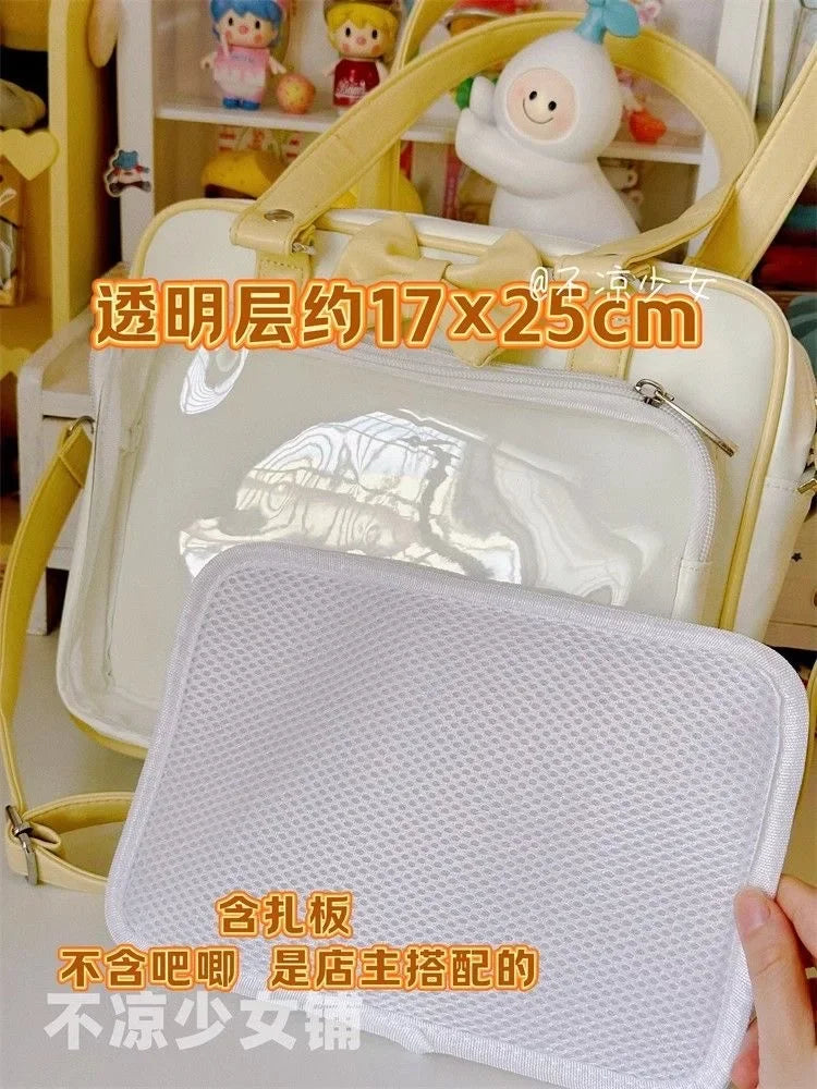 Japanese Style Kawaii PU Leather Itabag Women Transparent Pocket Bowknot Lolita Shoulder Bag Tote Handbags Women Ita Bag JK Girl
