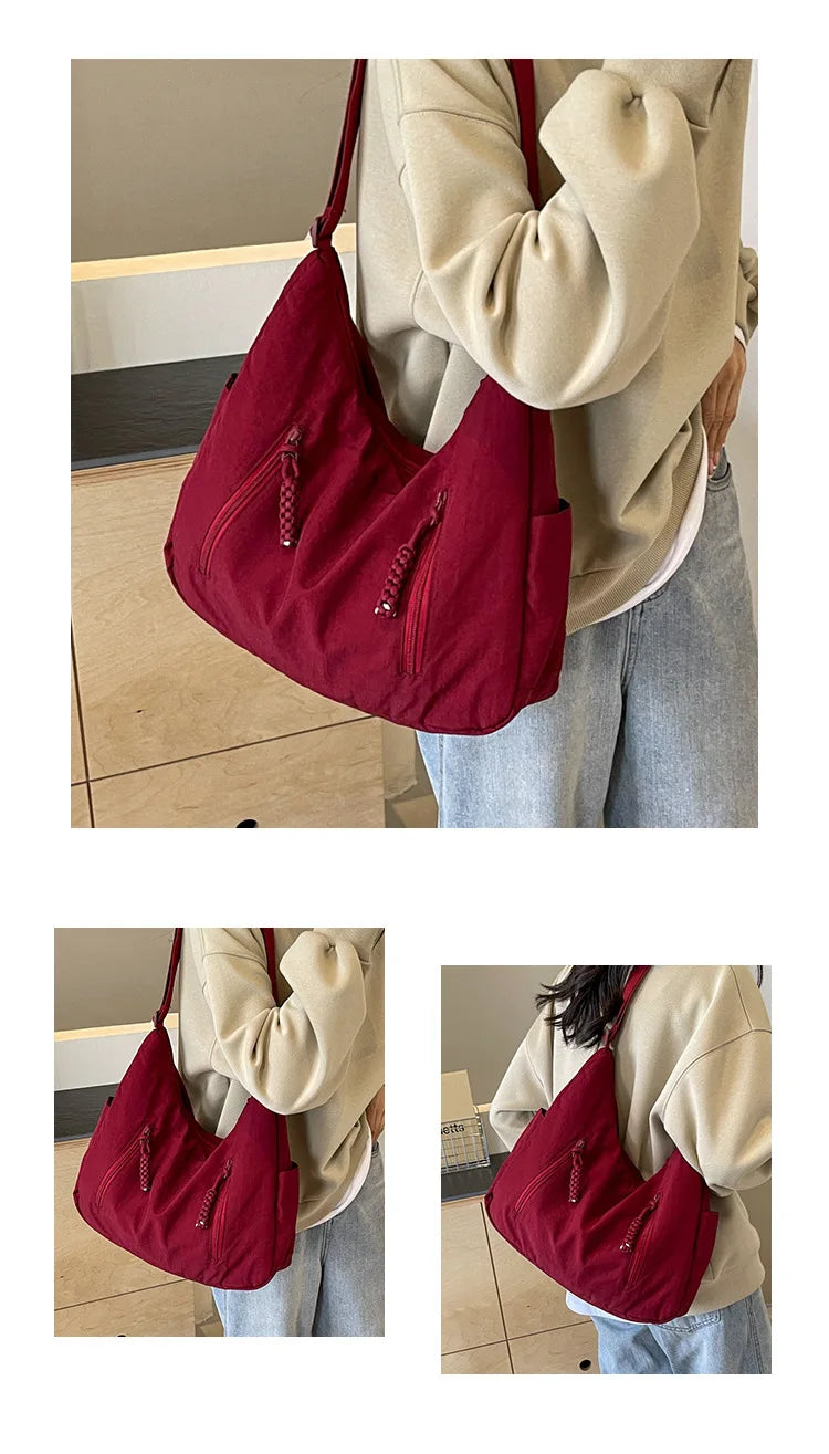 Summer Women Solid Color Shoulder Bag Fashion Lightweight Versatile Travel Crossbody Bag Commuter Nylon Large Capacity Hobo Bag